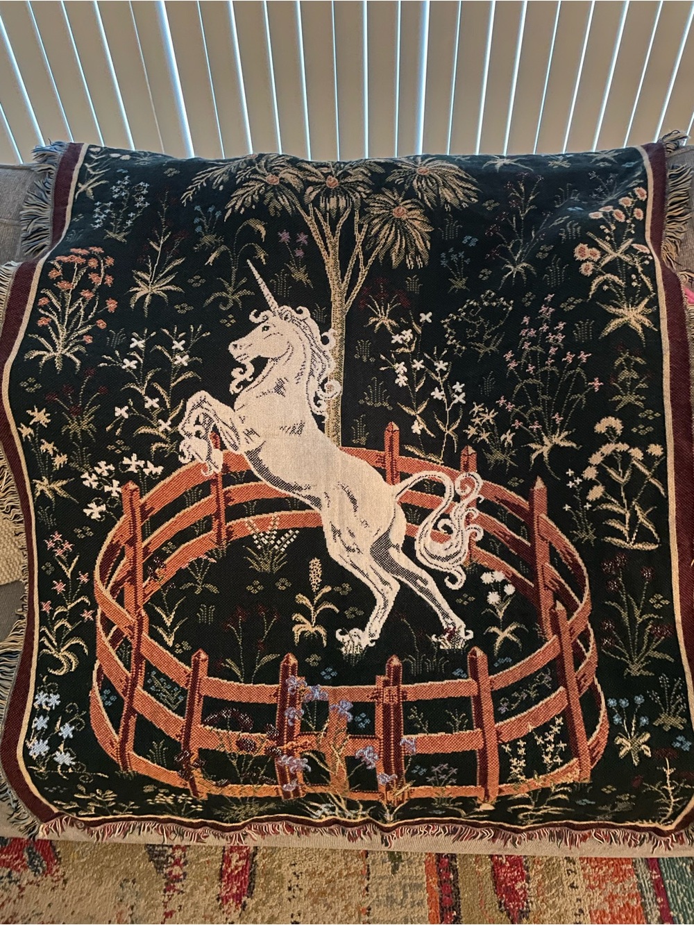 Unicorn in captivity medieval tapestry woven throw blanket